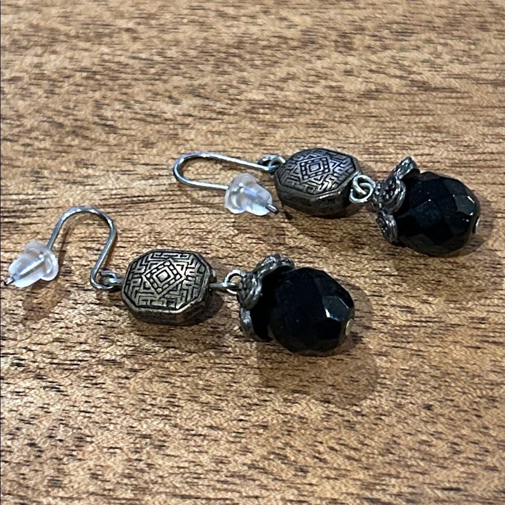 Dangle Earrings Vintage Inspired Silver Black Modern Boho Victorian 1” Drop Hook